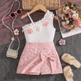 thumbnail image 2 of XIYON Toddler Girls Clothing Set Baby Kids Girls 2 Piece Outfit Fashion Spaghetti Strap Ribbed Top With 3D Floral Detail And Bow Shorts Set 3-4 Years, 2 of 9