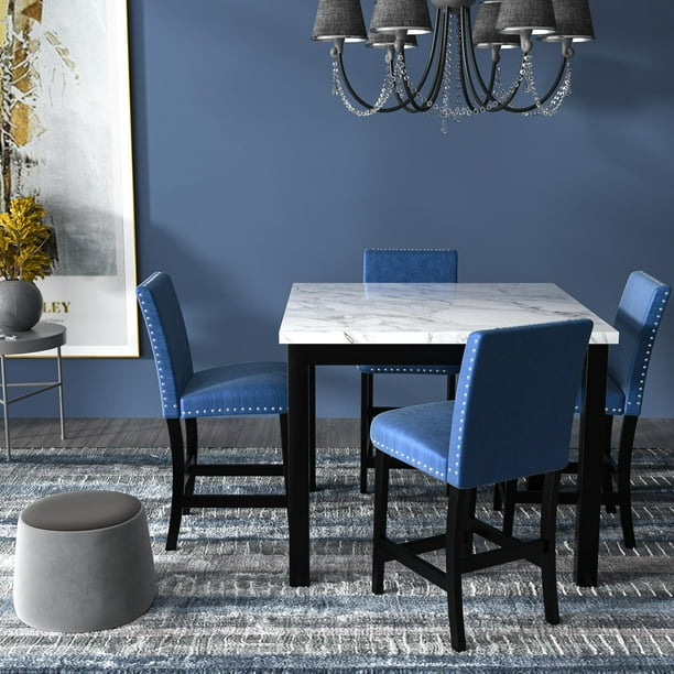 Faux Marble Dining Table Set For 4 New Upgraded 5 Piece Counter Height Room With Velvet Upholstered Chairs Modern Furniture Kitchen Square Dinette Blue J4433 Faux Marble Dining Table Set For 4 New, Square Marble Dining Table Set For 4