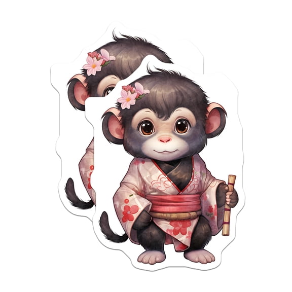 (2 Pack) Kimono Monkey Stickers - Cute Animal Stickers - Floral Japanese Stickers - 5" On Longest Side - Sticks to Smooth Flat Surfaces - Made in USA - BMCS17114