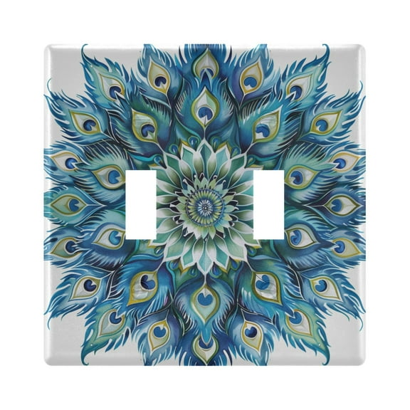 2 Gang Light Switch Cover Plate Peacock Feathers Mandala Wall Plate Decorate Electrical Outlet Cover Plates 4.56”x4.48”