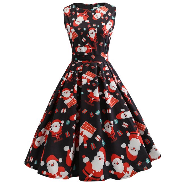 Vestido de fiesta de noche de Navidad sin mangas con cuello redondo y estampado vintage para mujer Pompotops ghjkhdj6437