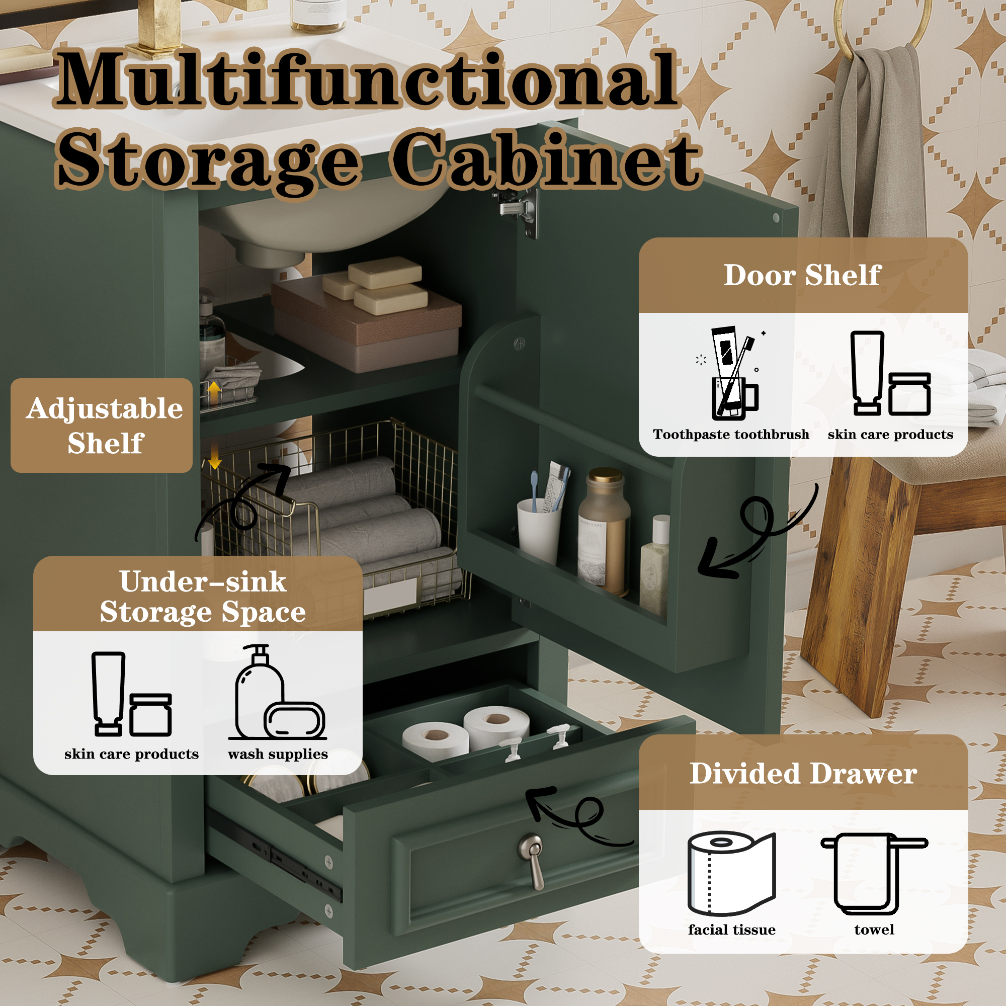MODERNLUXE 20" Bathroom Vanity with Ceramic Sink Combo,Solid Wood Bathroom Storage Cabinet with Compartment Drawer and Adjustable U-Shaped Shelf, Soft-Close Door with Organizer for Small Space,Green