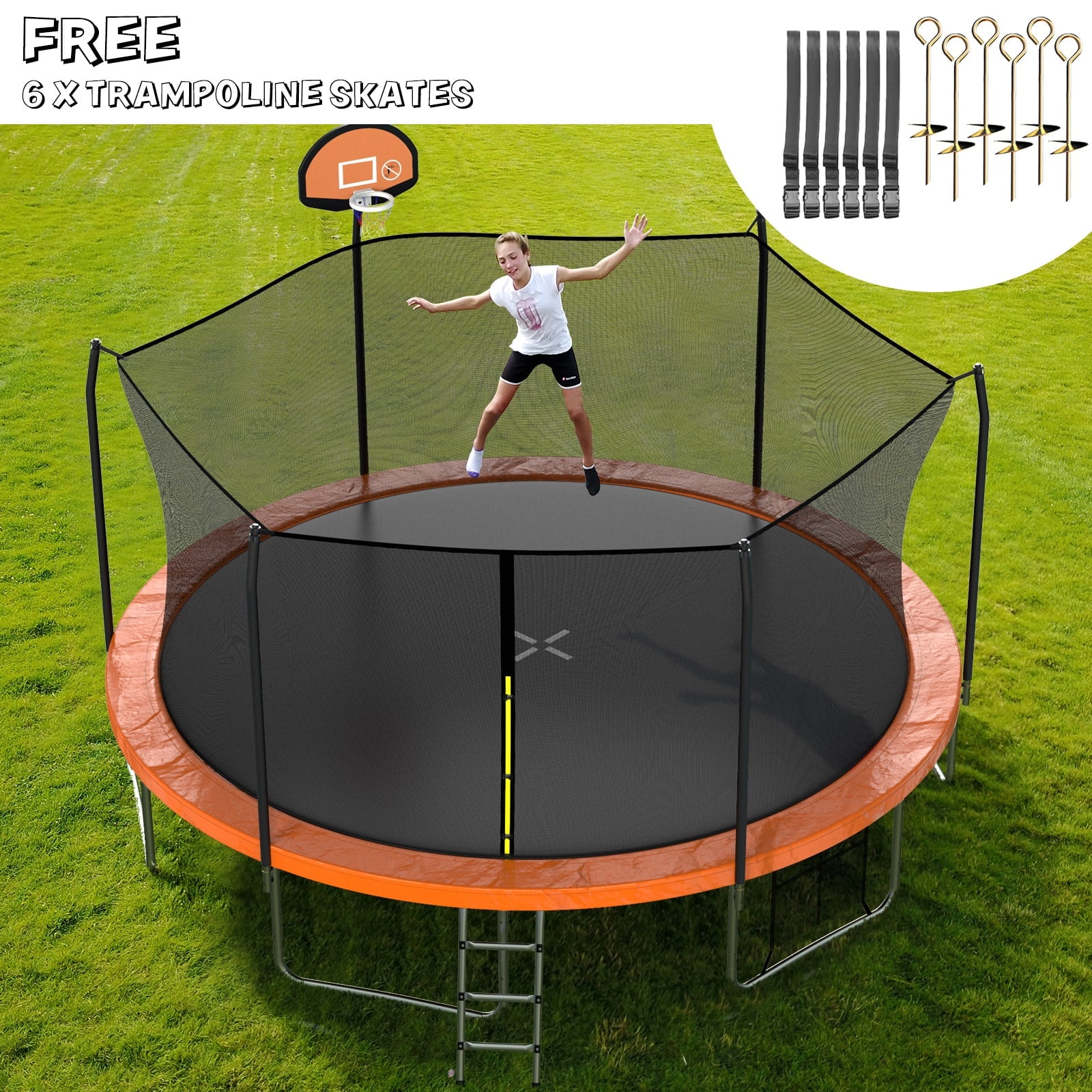 AOTOB 15FT Trampoline for Kids,Outdoor 1400LBS Trampoline with Basketball Hoop,Safety Enclosure Net and Ladder