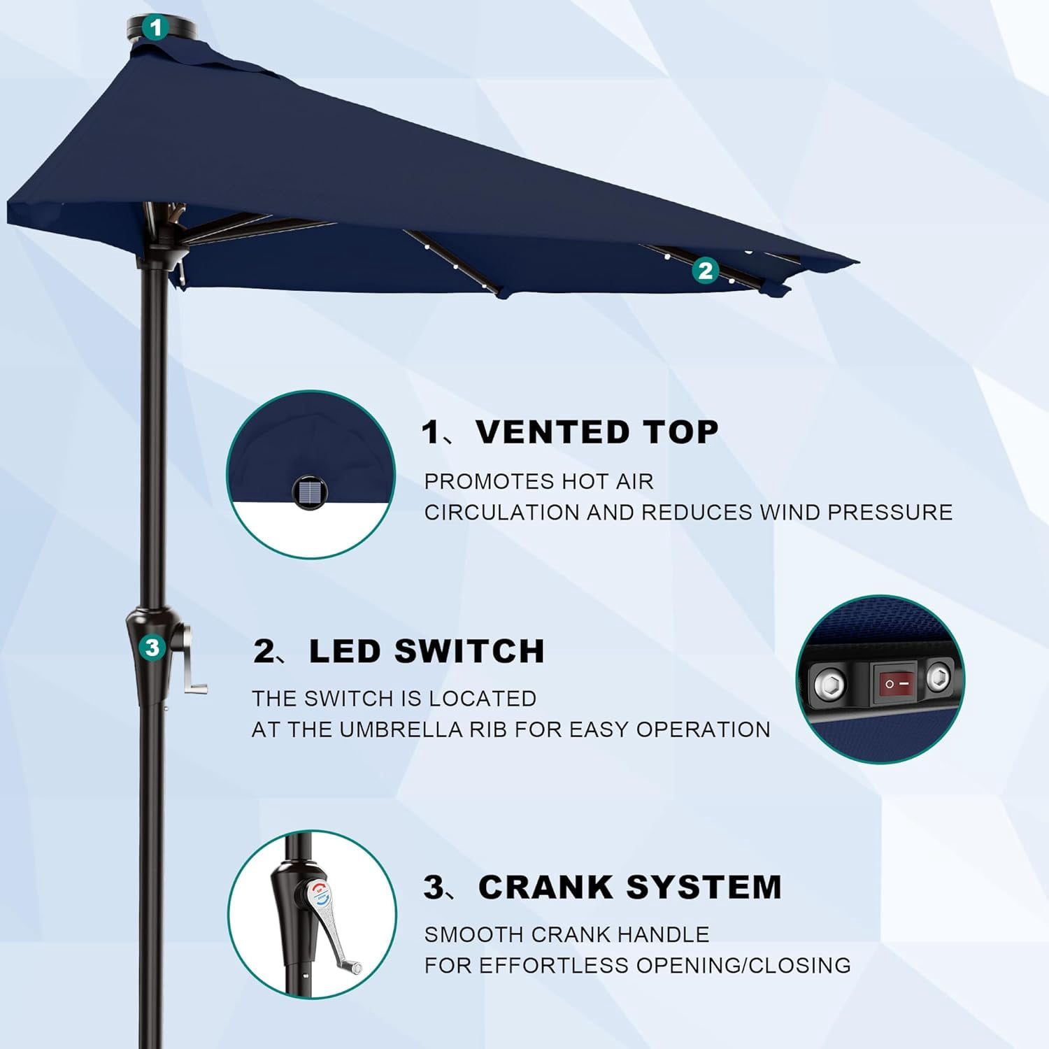 9ft Patio Half Umbrellas with Solar Lights, 1/2 LED Half Outdoor Umbrella w/ 20 LED Lights, Lighted Table Wall Umbrella with Crank & 5 Sturdy Ribs for Market, Pool, Deck, Lawn and Garden, Navy