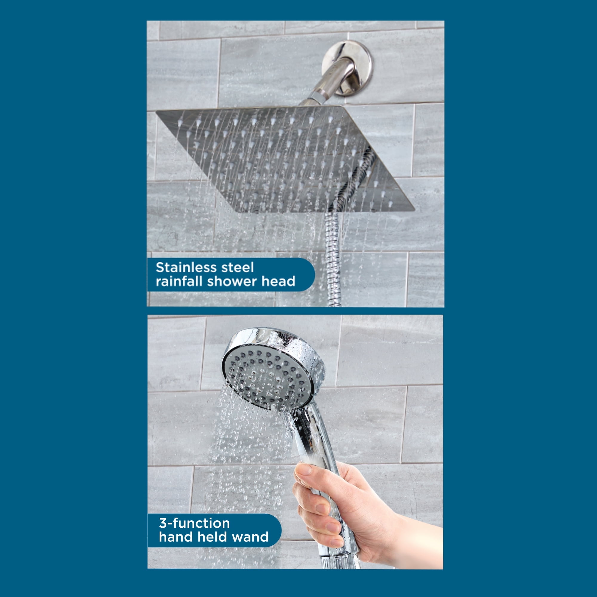 BLACK+DECKER Rainfall Shower Head with 3-Function Handheld Wand and Stainless Steel Hose, Chrome