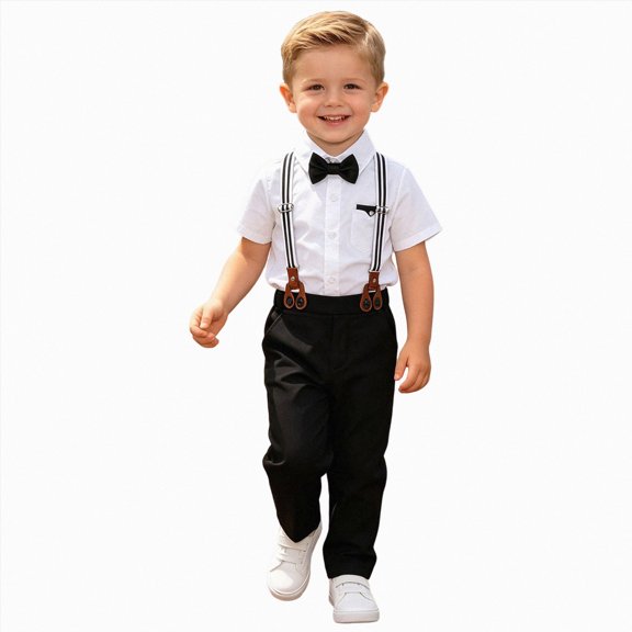 mgoYE Toddler Baby Boy Clothes Suit Gentleman Wedding Outfits 18 24 Month 3t 4t 5t, Formal Dress Shirt with Bowtie Suspender Pants Size 4-5Y
