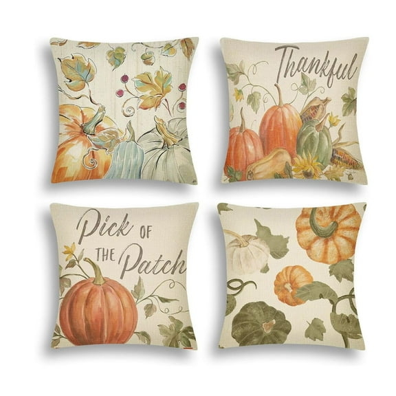 Fall Pillow Covers 4Pcs Pumpkin Patch Thankful Autumn Throw Pillowcases Thanksgiving Watercolor Farmhouse Decor 18x18 Inch for Sofa Couch