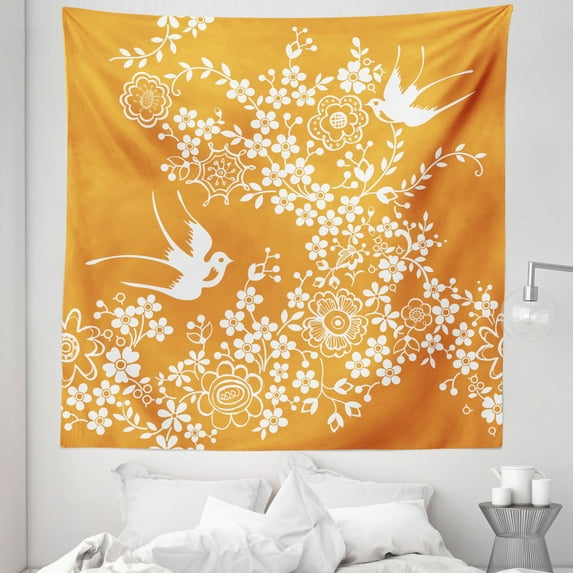 Orange Tapestry, Oriental Floral Japanese Style Flying Birds Pastel Colored Spring Pattern, Fabric Wall Hanging Decor for Bedroom Living Room Dorm, 5 Sizes, Marigold White, by Ambesonne
