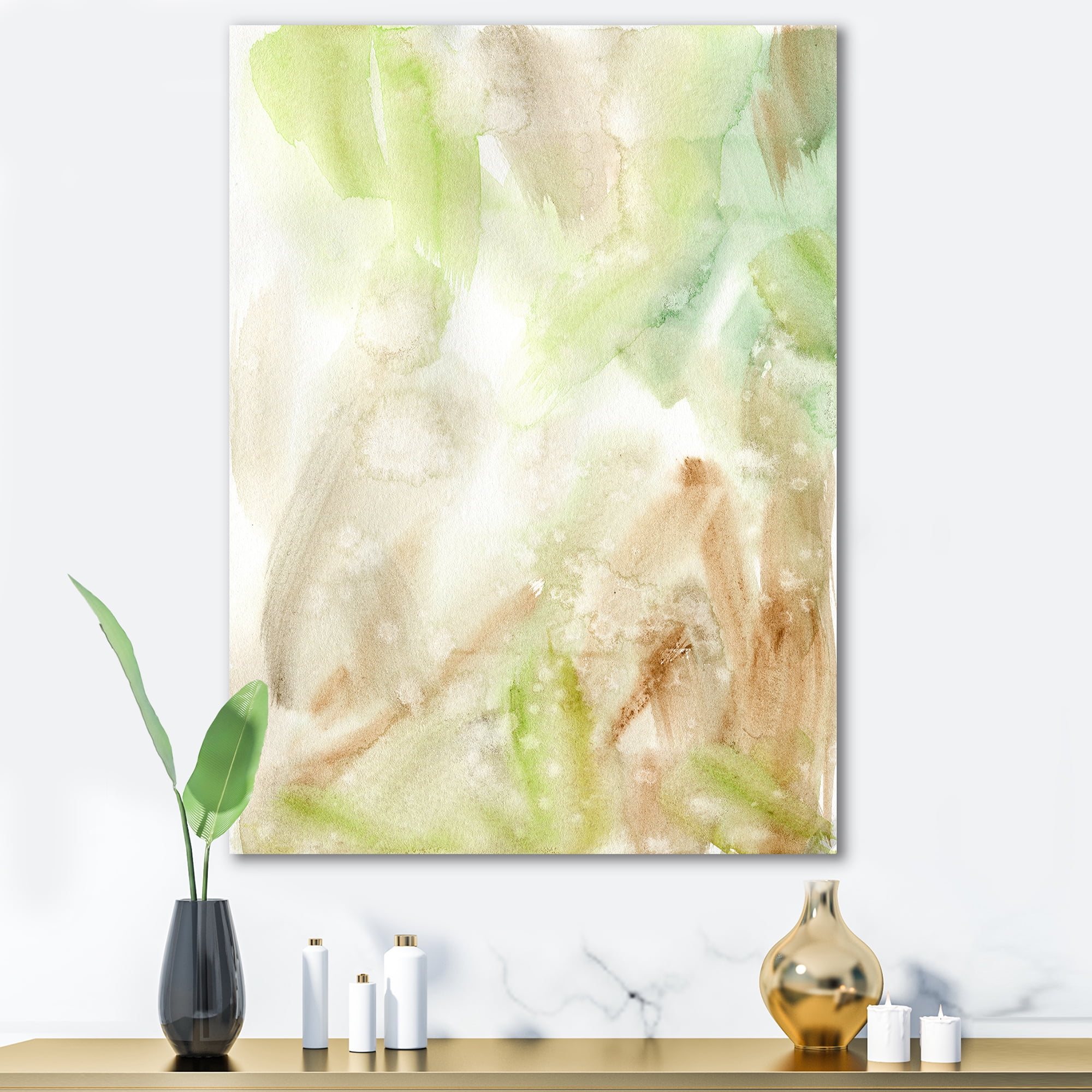 Designart ' Pastel Abstract With Brown Green and Beige Spots ' Modern Canvas Wall Art Print