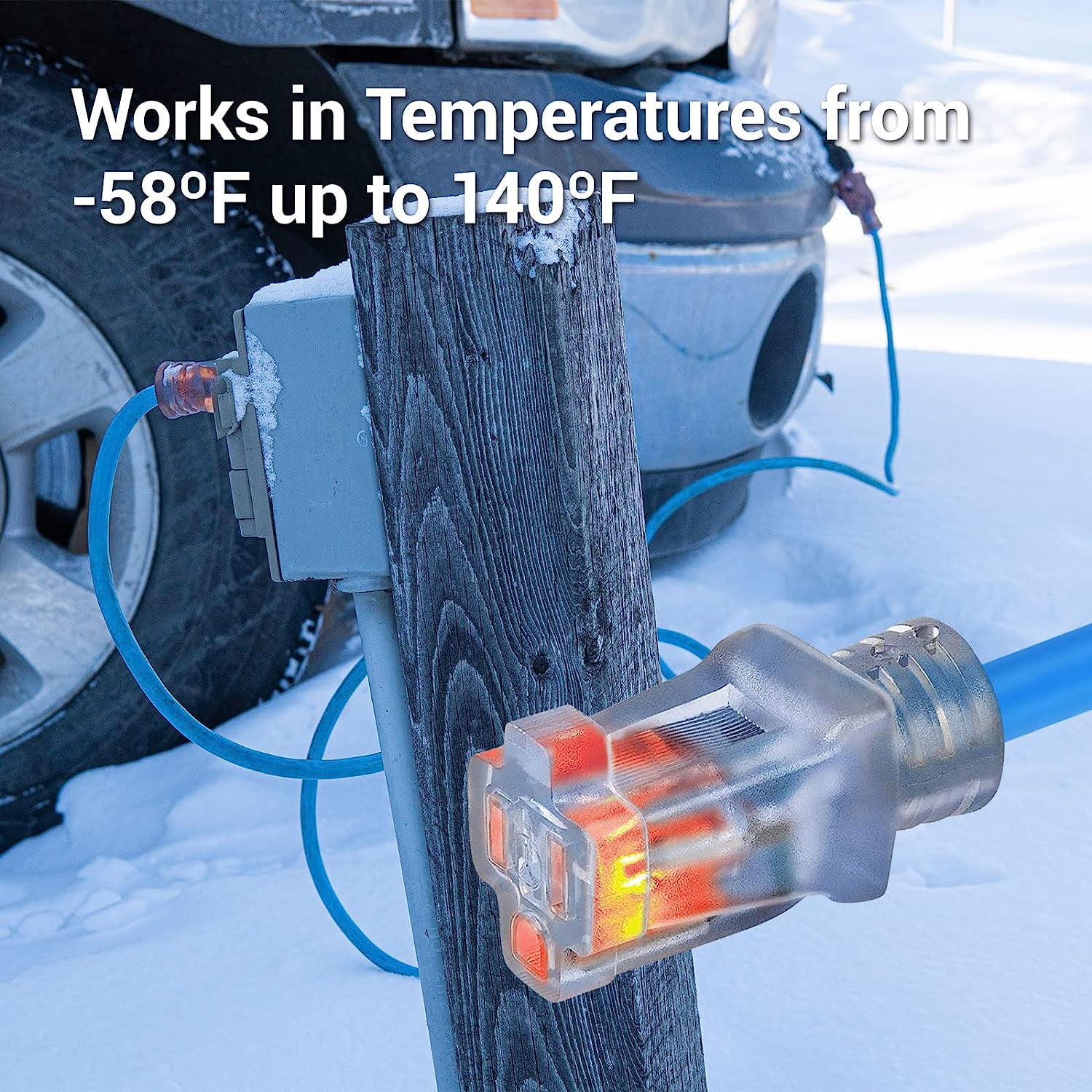 Clear Power 100 ft Extreme Cold Weather Outdoor Extension Cord, Lighted End, 16/3 SJTW, Works Down to -50°C, Power Indicator Light, 3-Prong Grounded Plug, Blue