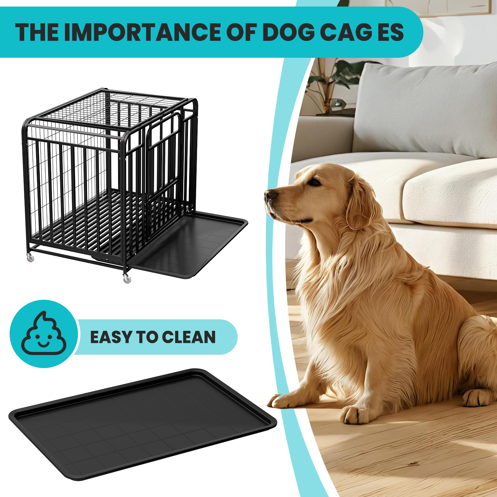 43.5 Inch Heavy Duty Dog Crate Kennel with Wheels, 200lbs Capacity, Escape Proof Dog Cage,Dog Crates with Removable Plastic Tray