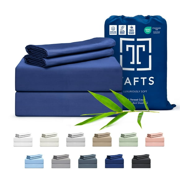Tafts Draps 100 % Viscose Dérivés de Bambou Taille Cali-Très Grand, Poches Profondes de 17 Pouces, Luxueusement Doux, Soyeux, Rafraîchissants, Double Couture, Garantie à Vie (Marine)