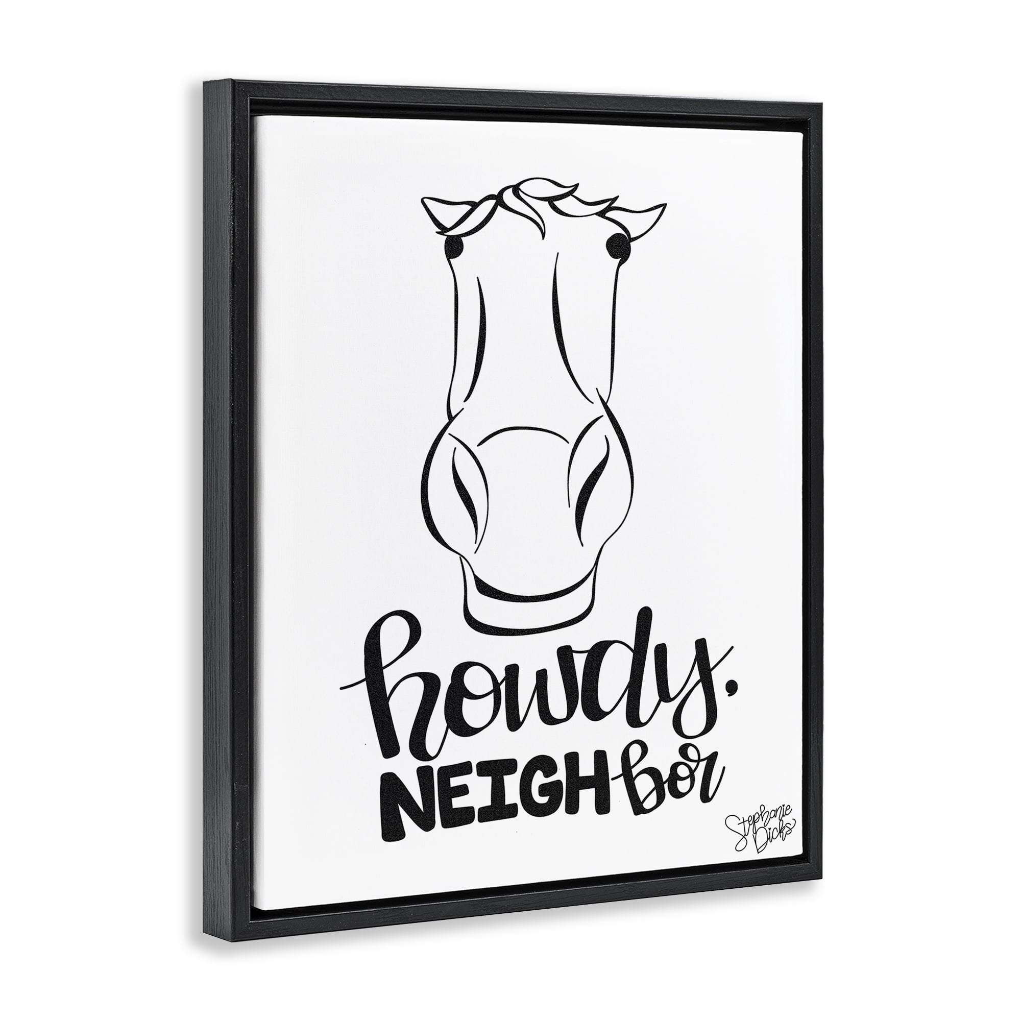 Stupell Industries Howdy Neighbor with Horse Animals Painting Black Floater Framed Canvas Art Print Wall Art, 25 x 31