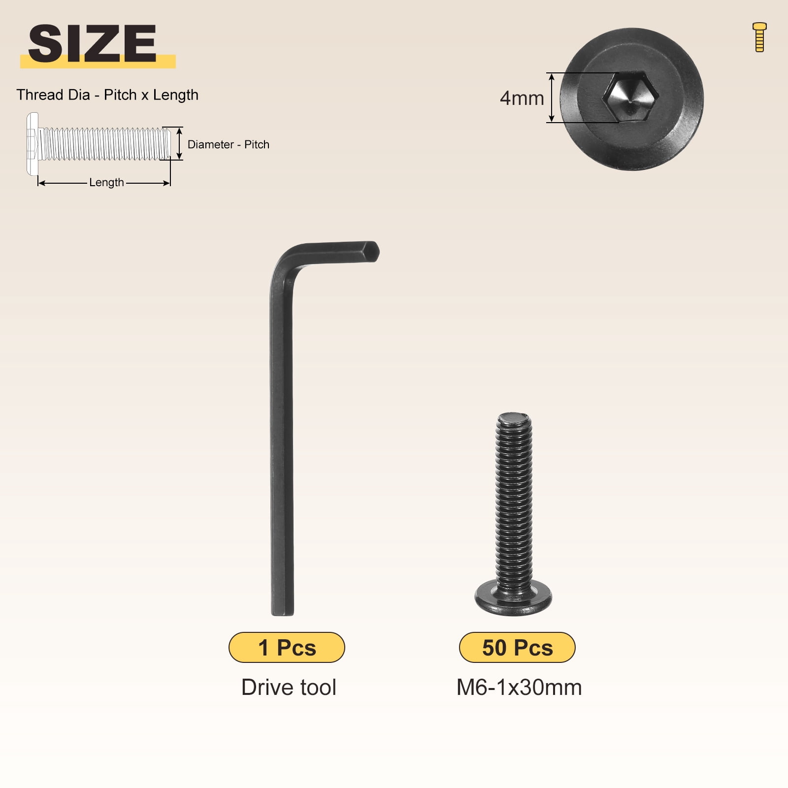 Flat Head Hex Socket Cap Screws Bolts(M6-1x30) 50Pcs, with Wrench Steel Hex Socket Furniture Bolts Countersunk Screws - for Furniture Woodworking Project, Black Tone