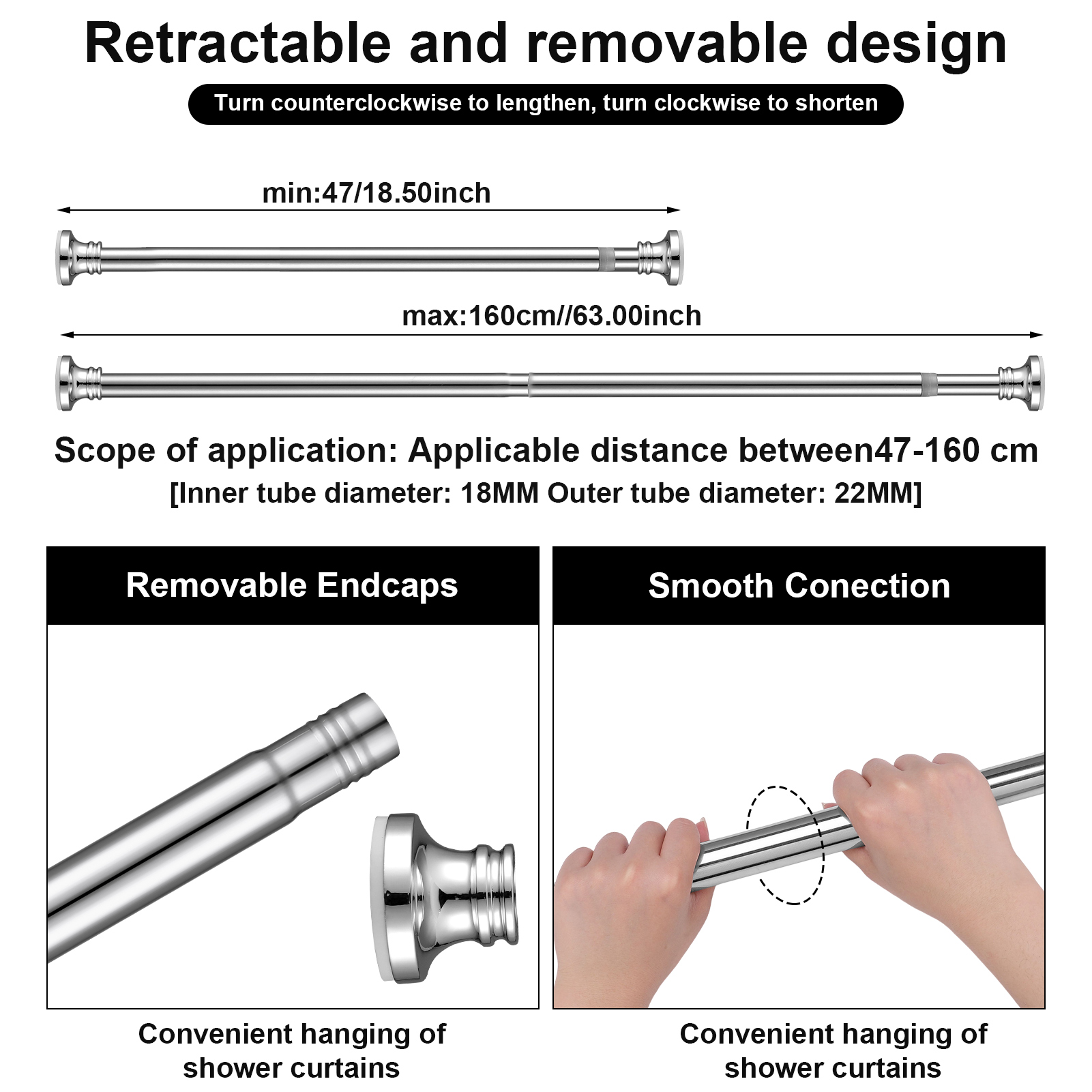 Bocaoying Adjustable Shower Curtain Rod, 18.5-63 Inch Tension Shower Rod for Bathroom, Heavy Duty Stainless Steel No Drilling Tension Rod, Easy Installation Shower Rod for Bathroom and Windows