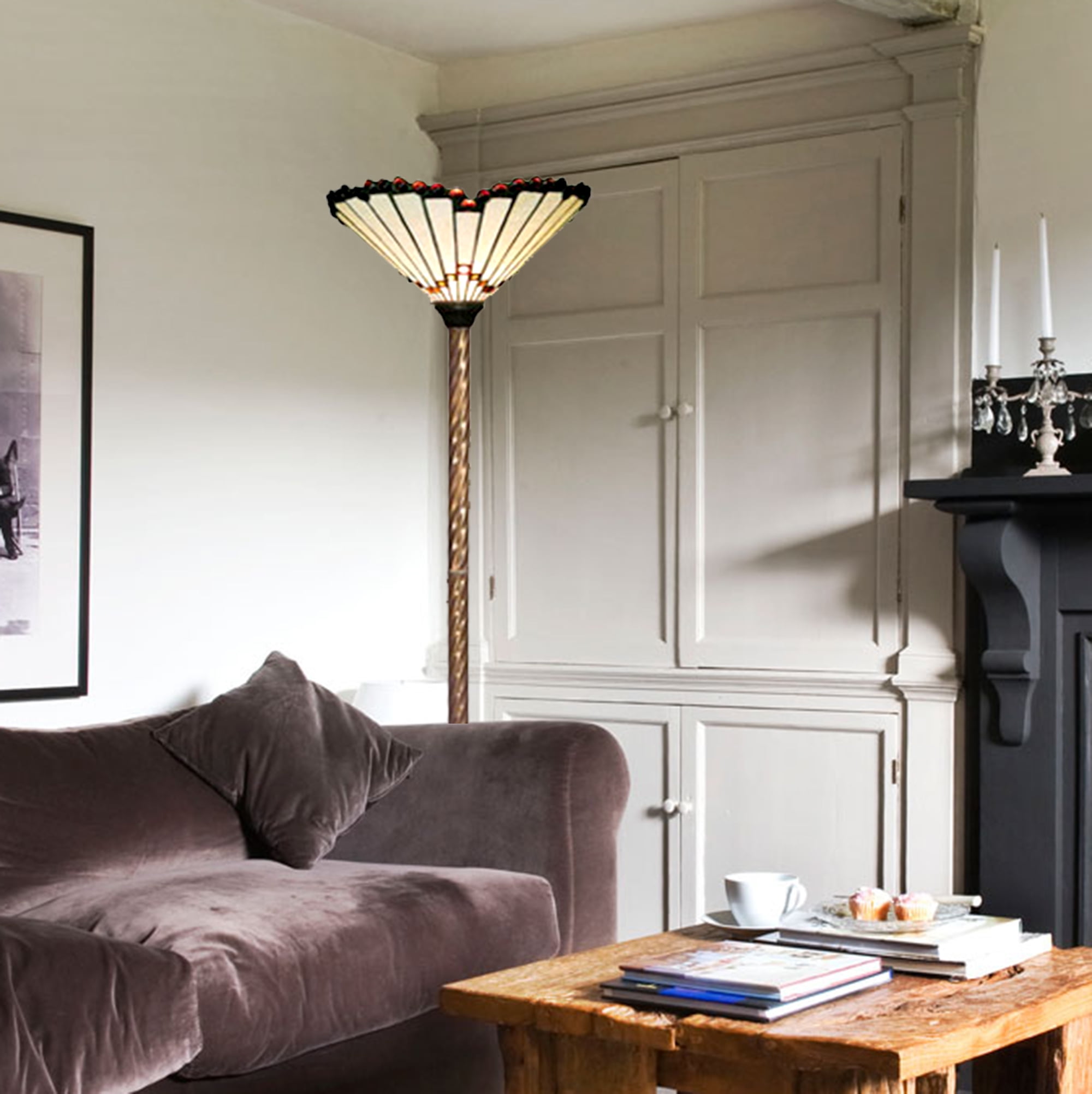 Tiffany-Style White Jewel Torchiere Floor Lamp, Copper Finish