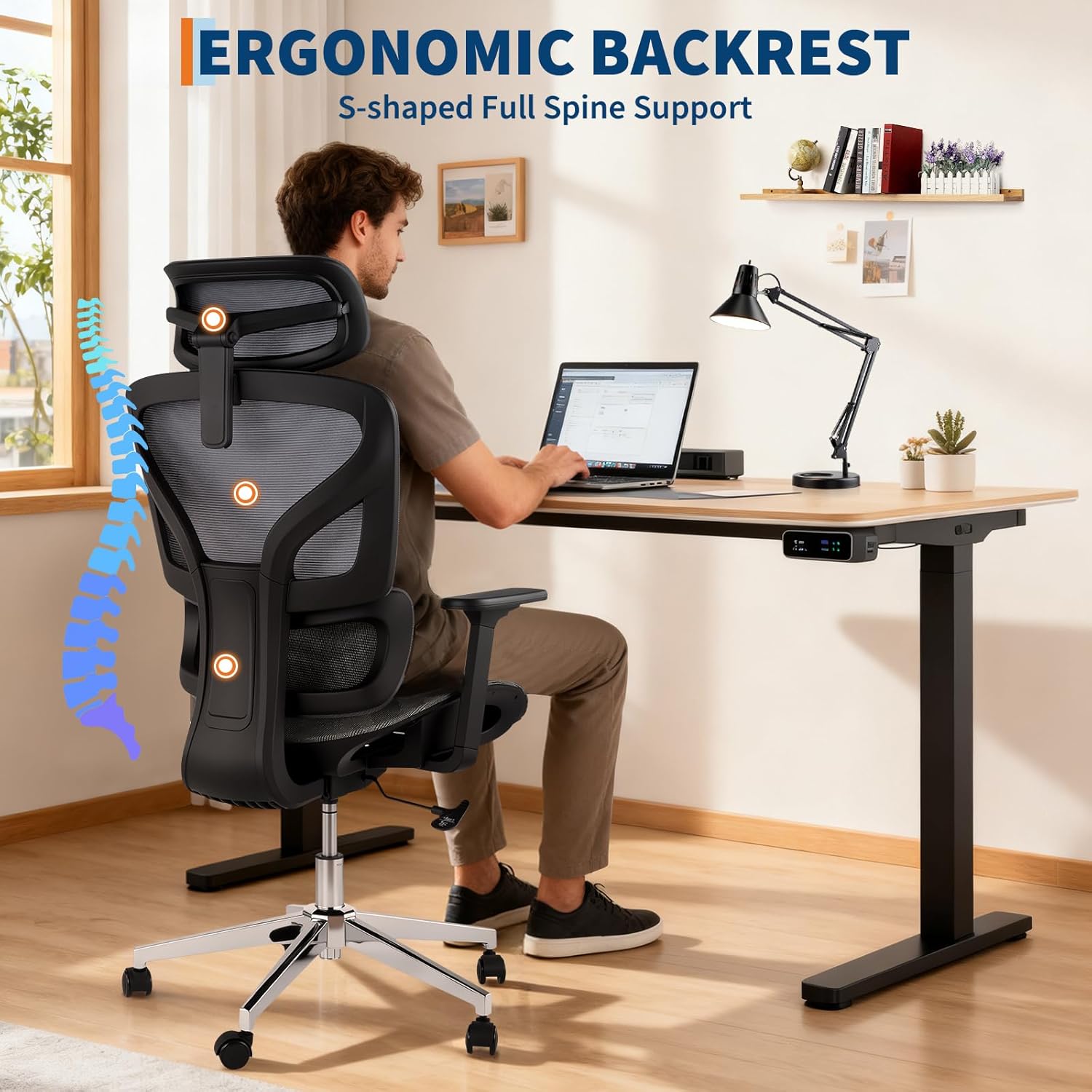Ergonomic High Back Mesh Office Chair, Adjustable Armrest, Lumbar Support & Headrest, Slide Seat & Tilt Lock, Rolling Computer Desk Chair for Home Office, Gray