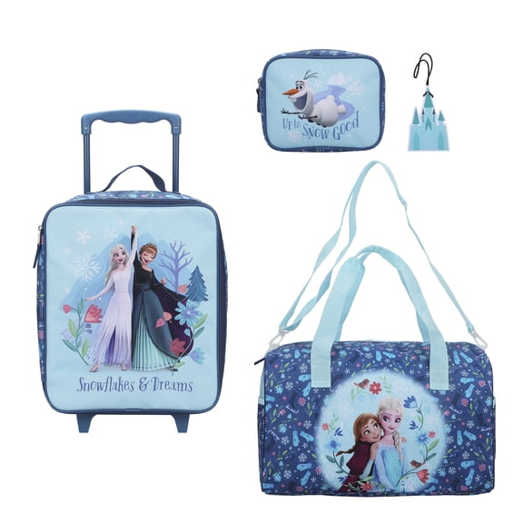 Frozen Elsa & Anna Kids' 4-Piece Travel Set With Suitcase, Duffle Bag, Toiletries Case, and Luggage Tag