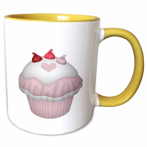 3drose, Cute Pink and White Heart Cupcake Illustration, 15oz Two-tone Yellow Mug