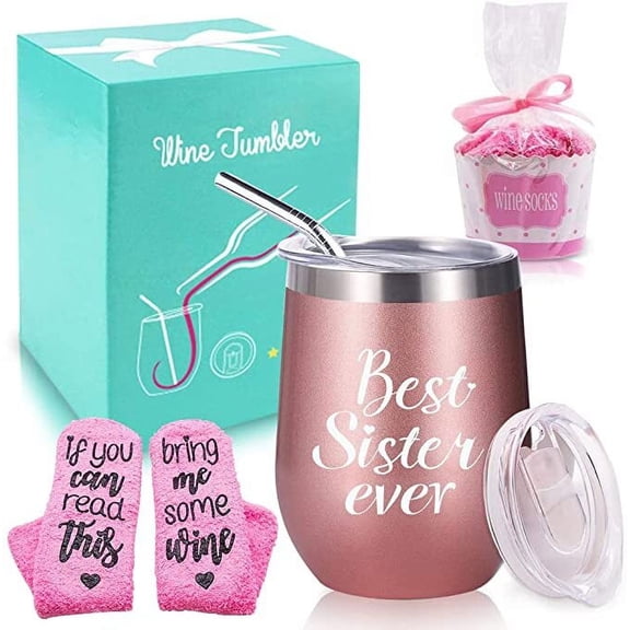MMTX Wine Tumbler Cupcake Rose Gold 12oz Stainless Steel Cup with Silicone Lid Birthday Gift for Women Her Sister, Coral Fleece Wine Socks Gift Set for Wine Lover Friend