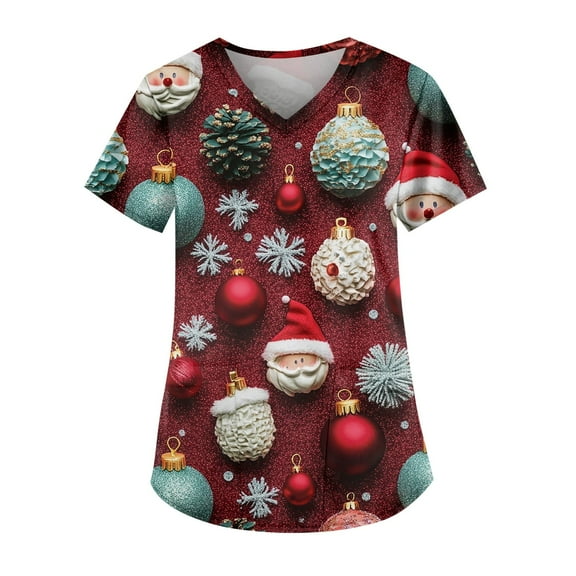 Garbnen Nightmare Before Christmas Scrub Top Funny Xmas Printed V Neck Short Sleeve Fall Scrubs Top for Women Nurse Uniform with Pocket S-5XL