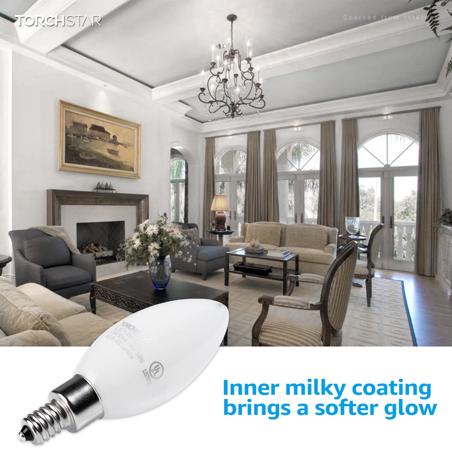 TORCHSTAR Dimmable E12 LED Candelabra Bulb, UL Listed, 60W Equivalent Chandelier Light Bulbs, 550LM, LED Filament Candle Bulb C11, Frosted Glass Ceiling Fan Light Bulbs, 4000K Cool White