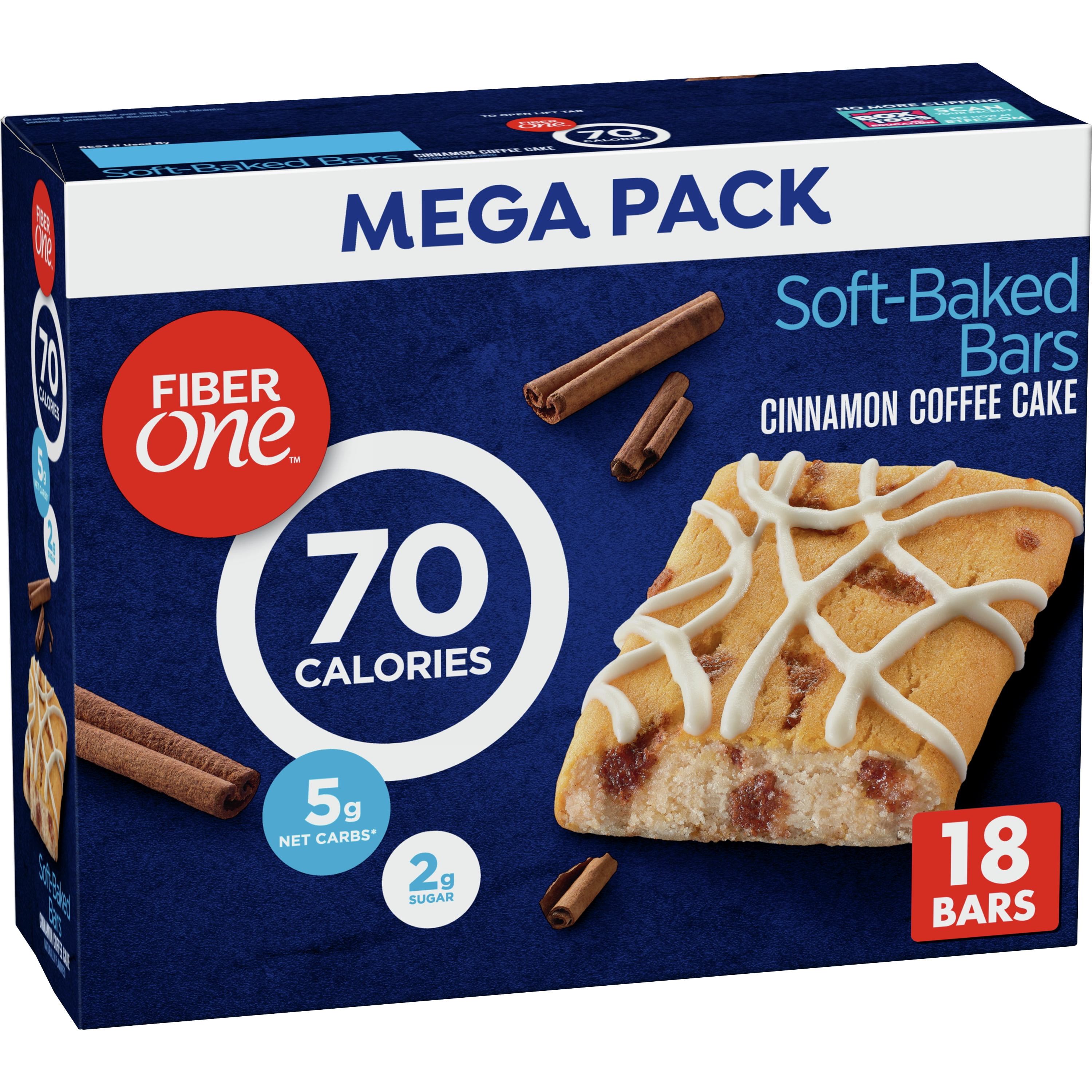 Fiber One 70 Calorie Soft-Baked Bars, Cinnamon Coffee Cake, 18 ct
