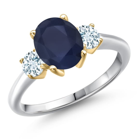Gem Stone King 925 Silver and 10K Yellow Gold Blue Sapphire and Sky Blue Aquamarine Engagement Ring for Women | 2.70 Cttw | Oval 9X7MM | Gemstone September Birthstone | Size 7