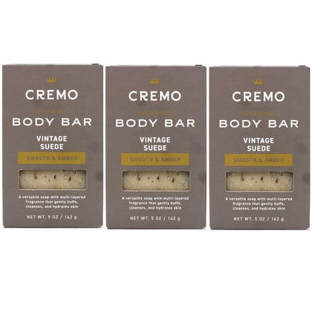 3 Pack - Cremo Vintage Suede Exfoliating Body Bar for Men Multi-Layered Fragrance Cleanses and Hydrates Skin Smooth & Amber 5 OZ