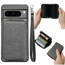 for Google Pixel 7A Phone Case [Magnetic 2-in-1 Detachable Zipper Wallet] [Back Card Slots Accordion Wallet Case] Shockproof PU Leather Cover with Wrist Strap for Google Pixel 7A, Gray
