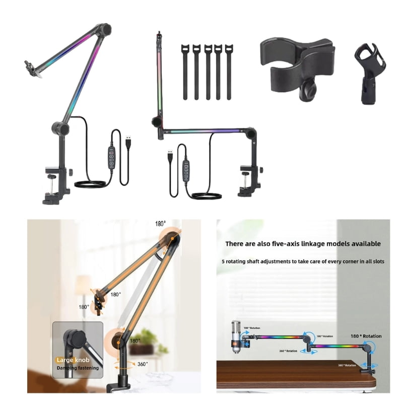 Microphone Boom Arm with Light Multi Direction Adjustable Desktop Mic Stand