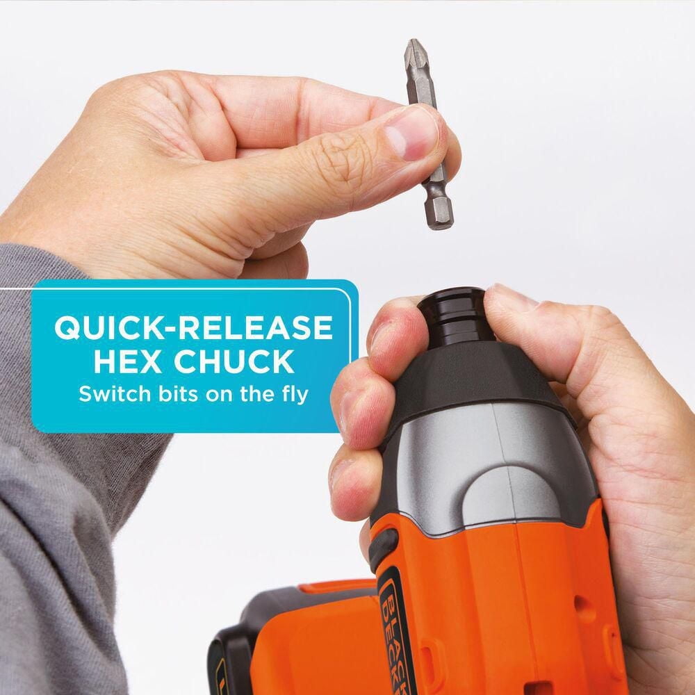 Black & Decker 20V MAX* POWERCONNECT™ 1/4 in. Cordless Impact Driver Kit, B&D 20V Impact has 1,375 in-lb. of torq
