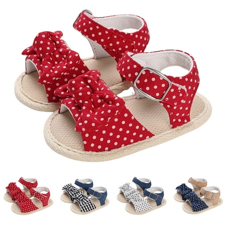 

Entyinea Summer Children Toddler Shoes Girls Sandals Flat Bottom Lightweight Open Toe Breathable Polka Dot Bow Boy Shoes Red 4