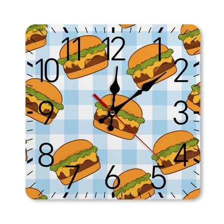 RKSupls 10×10inch Square Silent Wall Clock Wooden Frame, Taco Pattern Blue Scale Decorative Clock for Home Bedroom Living Room Office