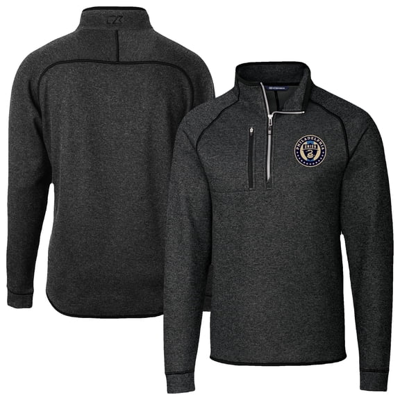 Men's-Cutter & Buck  Heather Black Philadelphia Union Mainsail Sweater-Knit Half-Zip Raglan Jacket