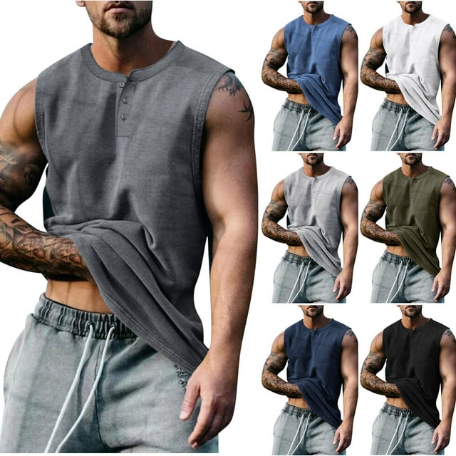JDQJBZ Débardeurs pour Hommes Camisoles d'Été Tricotées Sans Manches Hauts à Boutons Col Ras du Cou