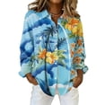 thumbnail image 2 of Minjewel Women's Tropical Print Button Up Shirt Long Sleeve Casual Top with Collar Hawaiian Style Blouse for Summer Beach Party and Everyday Fashion,Blue,L, 2 of 6