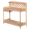 Garden Wooden Workstation Table Potting Bench with Drawer Hooks Open Shelf Lower Storage and Lattice Back for Patio Backyard Porch