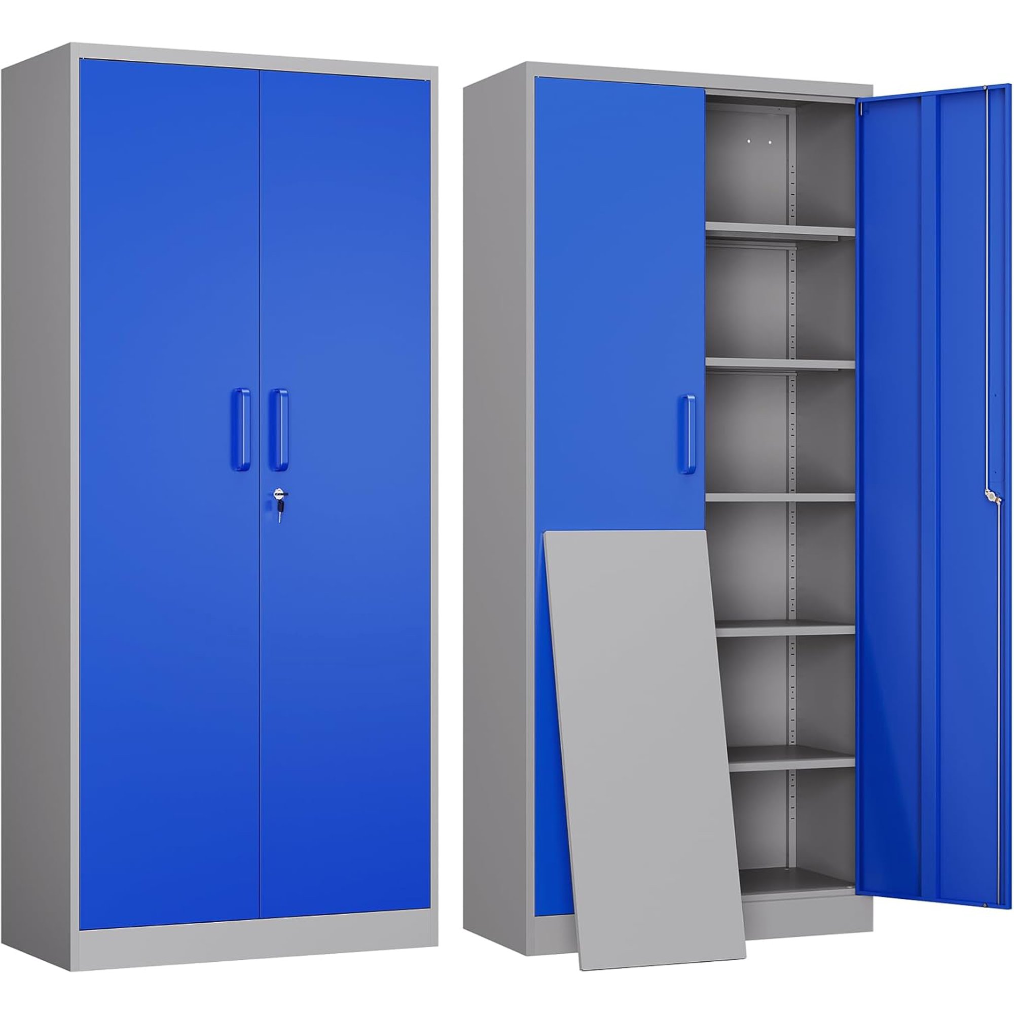 Metal Garage Storage Cabinet with 2 Doors and 5 Adjustable Shelves - 71 Steel Lockable File Cabinet Locking Tool Cabinets for Office Home Garage Gym School (Gray Blue)