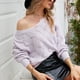 thumbnail image 5 of Suéter con cuello en V para mujer Moda Suelta Casual Color sólido Cuello en V Jersey Linterna Manga larga Suéter de punto hueco Púrpura claro L, 5 of 7