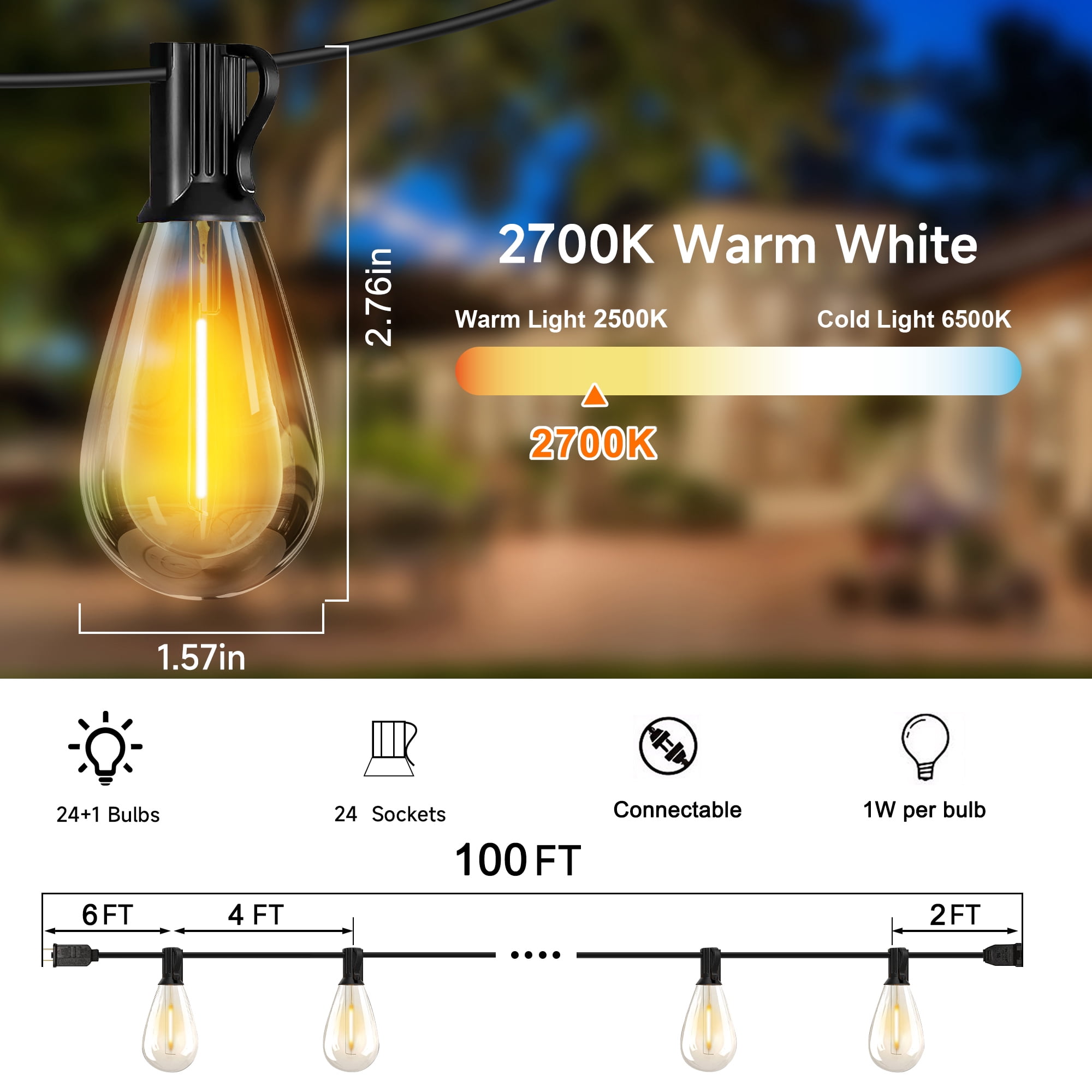 DAYBETTER 100FT LED Outdoor String Lights, Patio Lights with 24+1 Shatterproof S14 Edison Bulbs, Outside Hanging Light Waterproof for Porch, Deck, Garden, Yard, Balcony, Dimmable 2700K