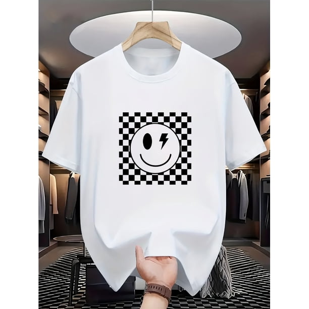 Boys' Casual Plaid Smile Graphic Tee - Soft Cotton, Stretchy & Machine Washable, Round Neck Short Sleeve T-Shirt for Spring/Summer