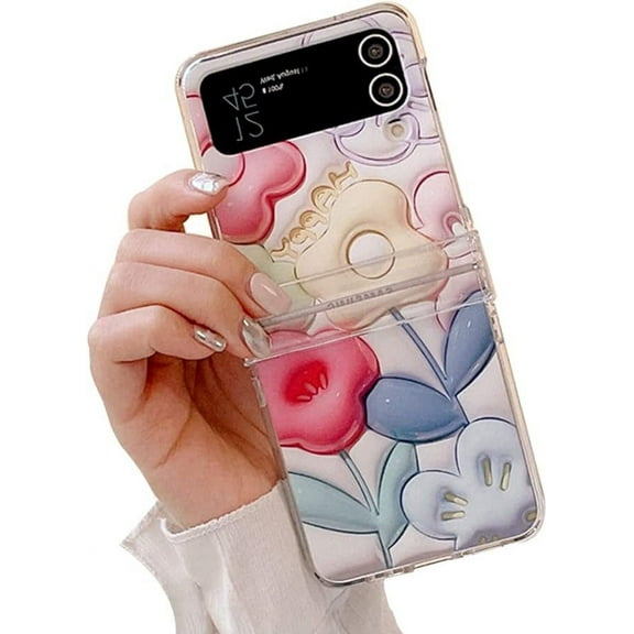 Lovely Girls Case for Samsung Galaxy Z Flip 3 with Hinge Protection, Color Floral Case for Galaxy Z Flip 3 Hard Plastic Protection, Creative Cute Phone Case for Z Flip 3 with 3D Flower Print