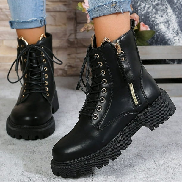 NECHOLOGY Botas Mujer Adulto Femenino Zapatos Botines mujer Zapatos De Mujer Moda Tacon Grueso Botas De Suela Media Planas Comodas Botas Calidas De Suela Black 7 Bodega Aurrera en linea