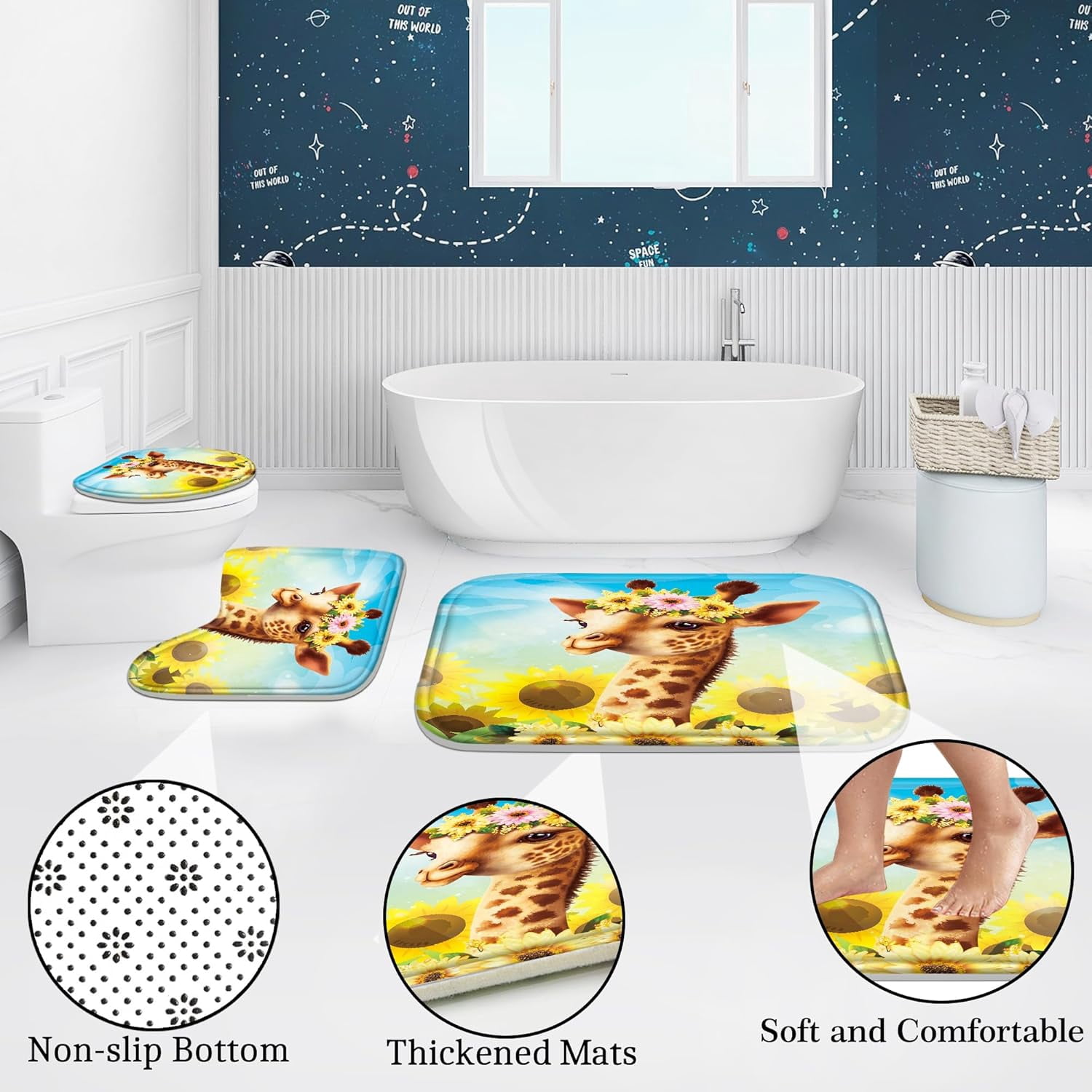 4 Pcs Bathroom Shower Curtain Set,Kid's Bathroom Set,Baby Octopus Shower Curtain Sets with Rugs(Bath Mat,U Shape and Toilet Lid Cover Mat) and 12 Hooks