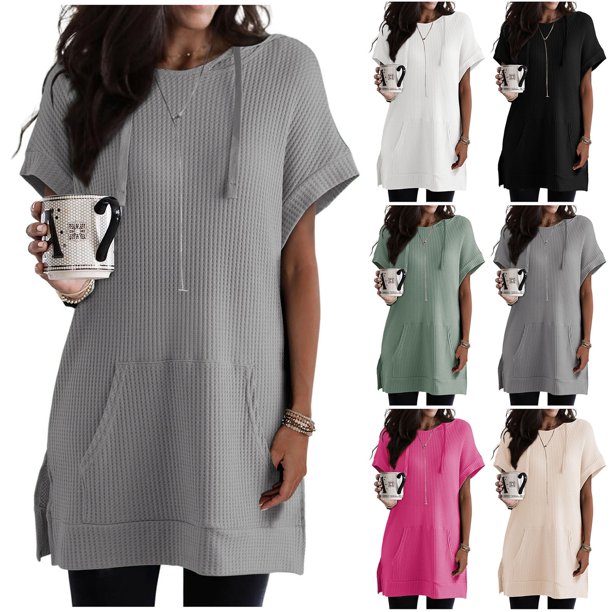 Fiudx Ofertas de La Semana Blusas de Manga Corta con Capucha y Bolsillos de Color Sólido Informal a La Moda para Mujer