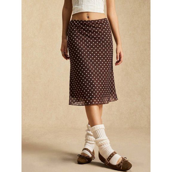 Coffee Brown Polka Dot Mesh Midi Skirt, Wrap Style, Casual Retro