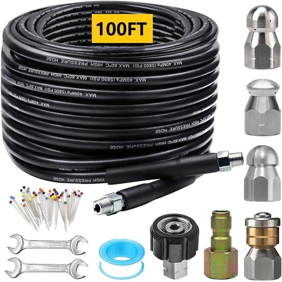 Budiwati Sewer Jetter Kit 100FT for Pressure Washer, 5800PSI Drain Cleaner Hose 1/4 inch NPT Corner Rotating Button Nose Sewer Jetting Nozzle Spanner