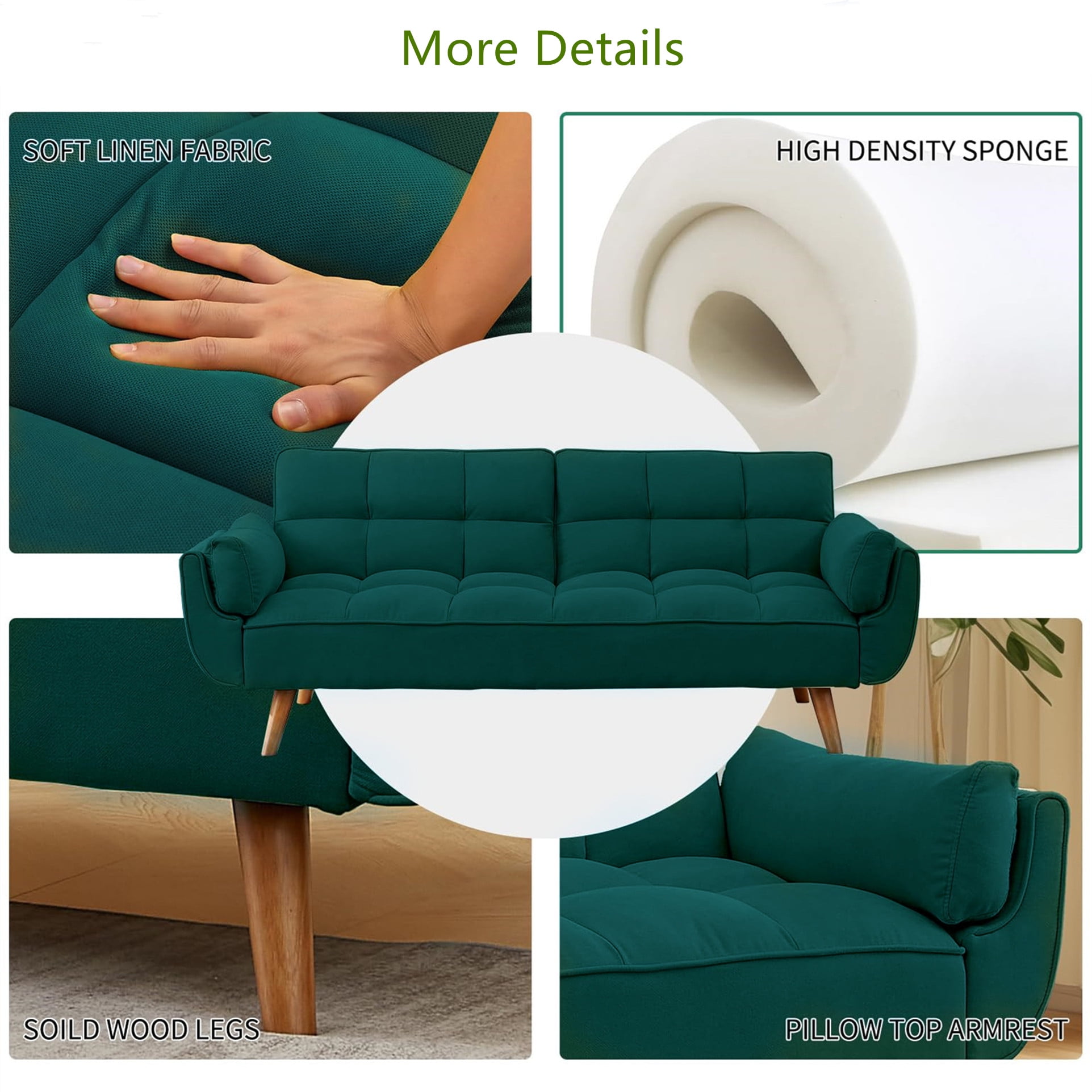 Aukfa 75" Flared Arm Futon Convertible Sofa Bed, Linen Sleeper Couch for Home Office, Green