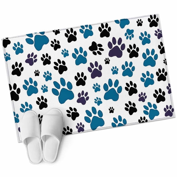 Blue Paw Print Bathroom Mat 2x3 FT, Non Slip Small Kitchen Mat, Black Animals Cat Dog Colored Cartoon Washable Soft Backed Front Door Throw Rug Non-Shedding Indoor Outdoor Doormat for Entryway Sink